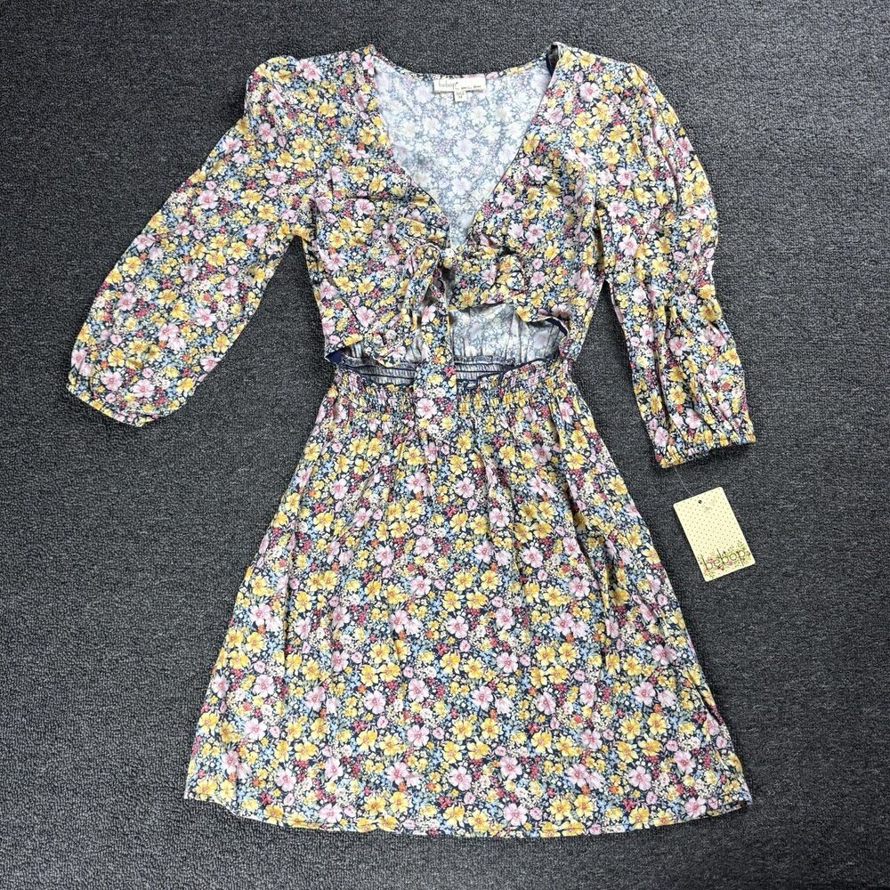 NWT BEBOP Floral Fit and Flare Tie Front Cut Out 3/4 Length Puff Sleeve Dress
